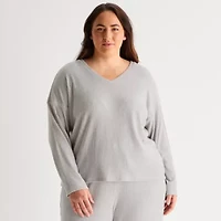 Ambrielle Womens Rib V Neck Long Sleeve Plus Pajama Top