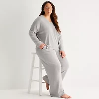 Ambrielle Womens Rib V Neck Long Sleeve Plus Pajama Top