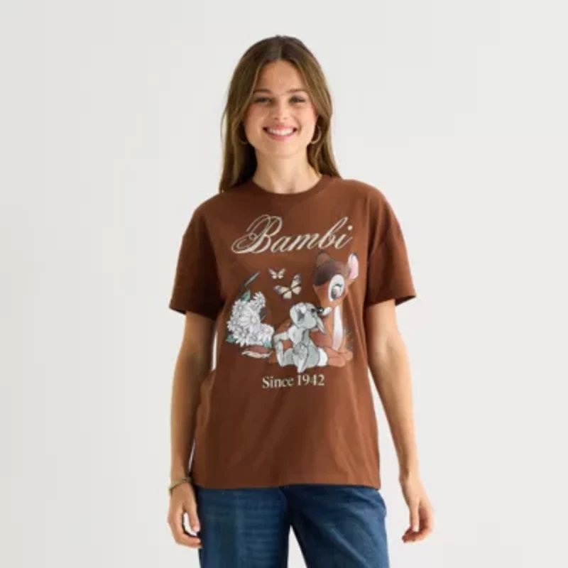 Bambi And Thumber Boyfried Tee Womens Juniors Crew Neck Short Sleeve Regular Fit Graphic T-Shirt