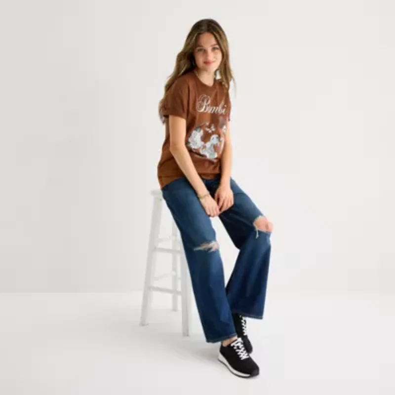 Bambi And Thumber Boyfried Tee Womens Juniors Crew Neck Short Sleeve Regular Fit Graphic T-Shirt