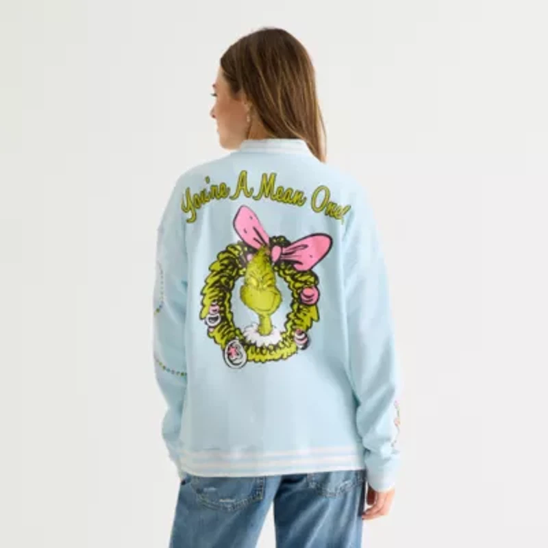 Womens Grinch Fleece Midweight Juniors Bomber Jacket