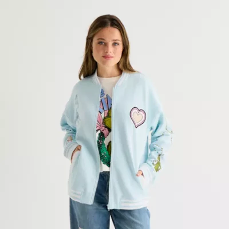 Womens Grinch Fleece Midweight Juniors Bomber Jacket