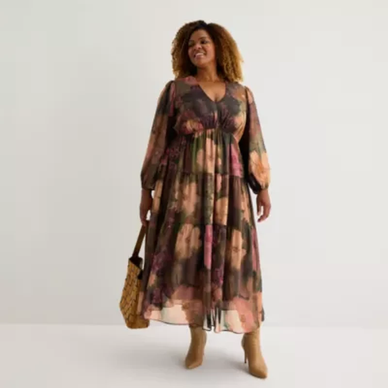 Isabel & Nina Womens Long Sleeve Floral Plus Maxi Dress