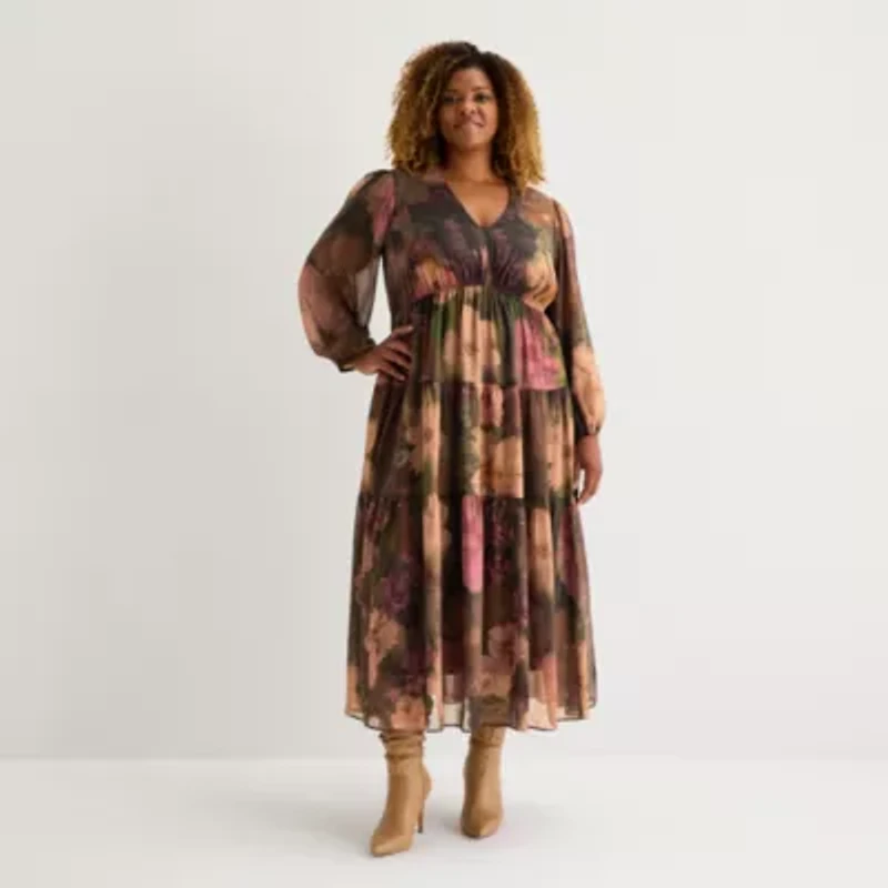 Isabel & Nina Womens Long Sleeve Floral Plus Maxi Dress