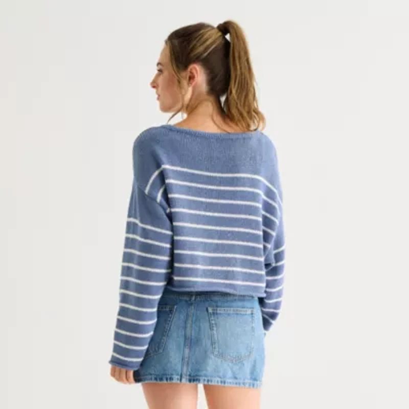 Arizona Juniors Womens Boat Neck Long Sleeve Striped Pullover Sweater