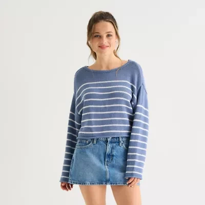 Arizona Juniors Womens Boat Neck Long Sleeve Striped Pullover Sweater
