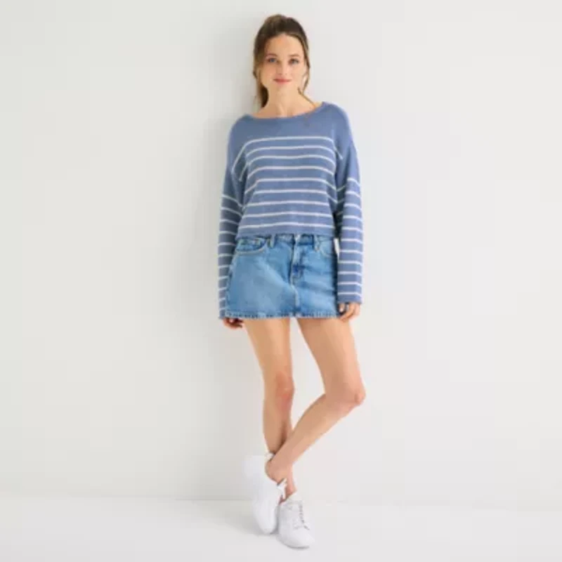 Arizona Juniors Womens Boat Neck Long Sleeve Striped Pullover Sweater