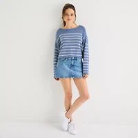 Arizona Juniors Womens Boat Neck Long Sleeve Striped Pullover Sweater