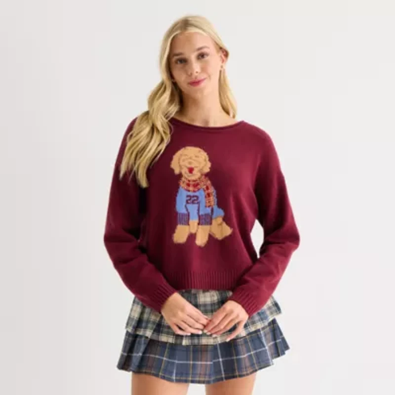 Arizona Juniors Womens Crew Neck Long Sleeve Animal Pullover Sweater