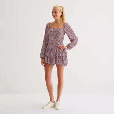Arizona Womens Juniors Long Sleeve Floral Fit + Flare Dress