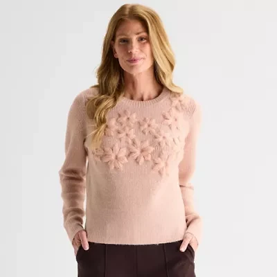 Liz Claiborne Womens Crew Neck Embellished Long Sleeve Pullover Sweater