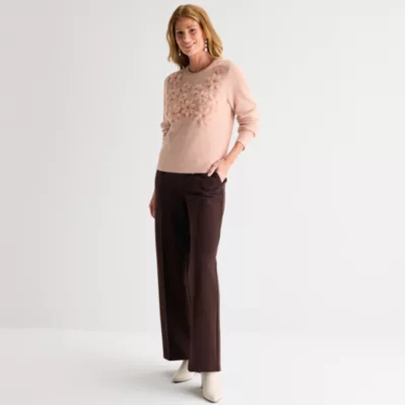 Liz Claiborne Womens Crew Neck Embellished Long Sleeve Pullover Sweater