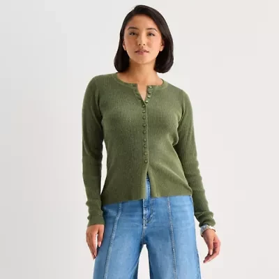 a.n.a Womens Crew Neck Long Sleeve Button Cardigan