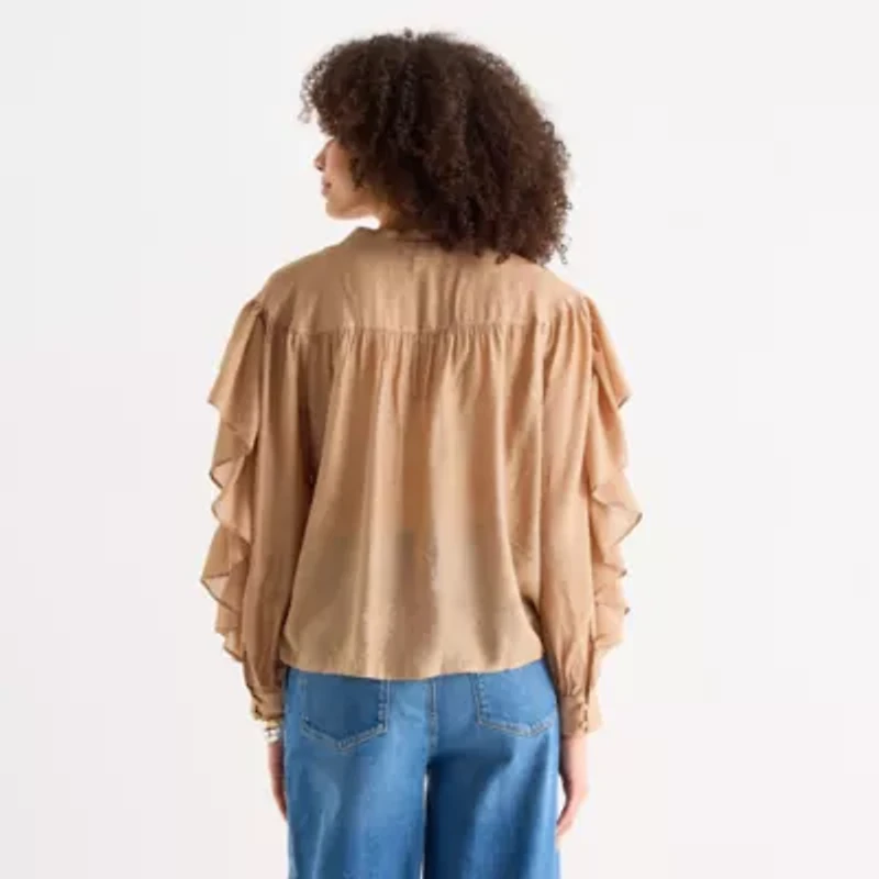 a.n.a Ruffle Womens Keyhole Neck Long Sleeve Blouse