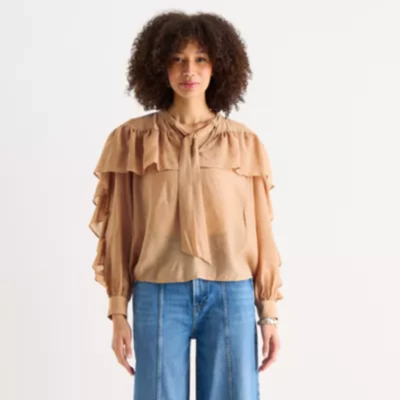 a.n.a Ruffle Womens Keyhole Neck Long Sleeve Blouse