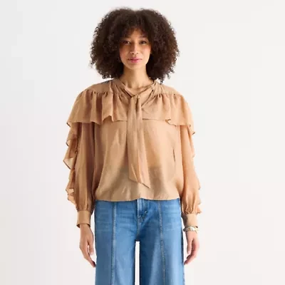 a.n.a Ruffle Womens Keyhole Neck Long Sleeve Blouse