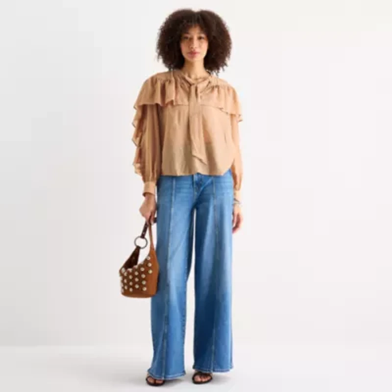 a.n.a Ruffle Womens Keyhole Neck Long Sleeve Blouse
