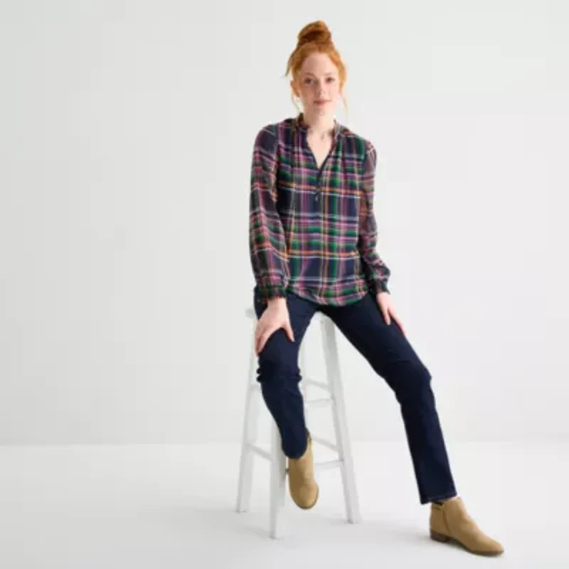 St. John's Bay Womens Split Crew Neck Long Sleeve Blouse