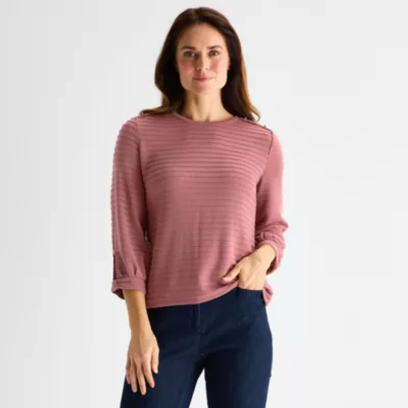 Liz Claiborne Womens Crew Neck 3/4 Sleeve Blouse