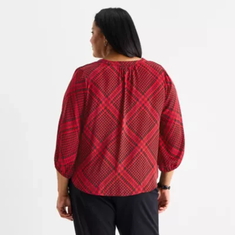 Liz Claiborne Womens Plus V Neck 3/4 Sleeve Satin Blouse