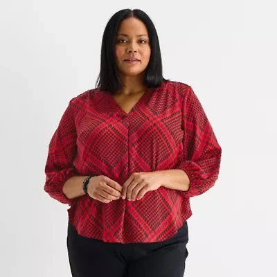 Liz Claiborne Womens Plus V Neck 3/4 Sleeve Satin Blouse