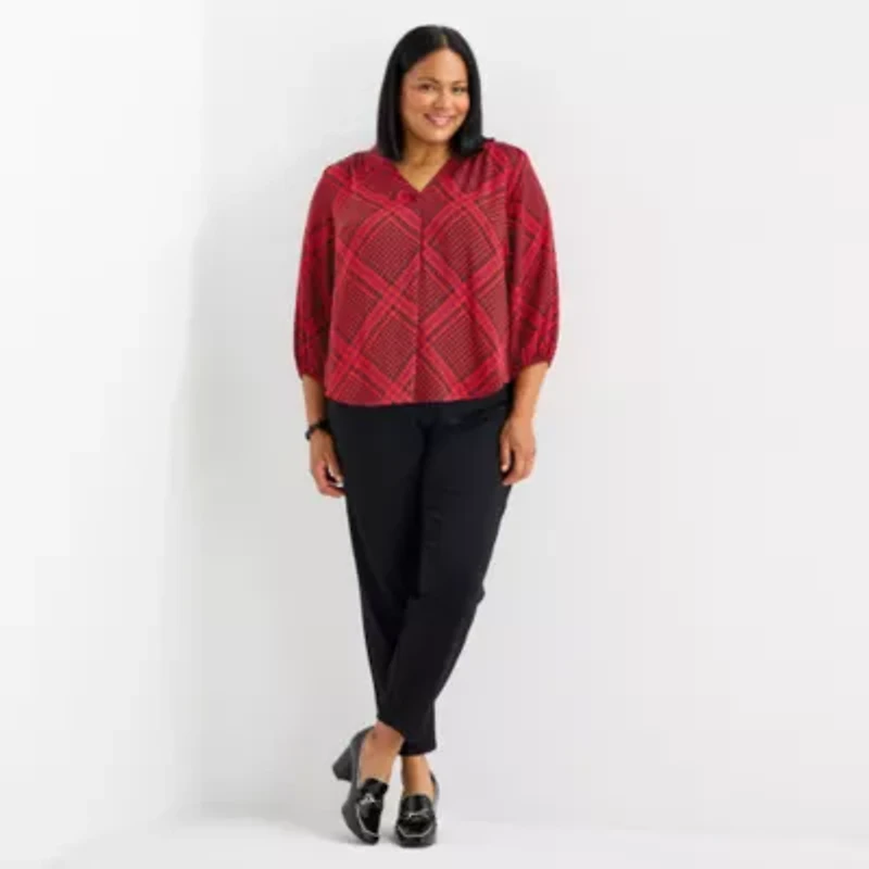 Liz Claiborne Womens Plus V Neck 3/4 Sleeve Satin Blouse