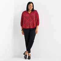 Liz Claiborne Womens Plus V Neck 3/4 Sleeve Satin Blouse