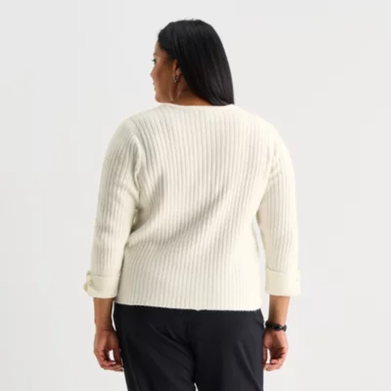 Liz Claiborne Womens Split Crew Neck Short Sleeve Pullover Sweater