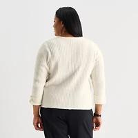 Liz Claiborne Womens Split Crew Neck Short Sleeve Pullover Sweater