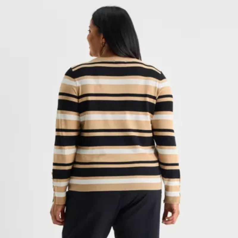 Liz Claiborne Plus Womens Round Neck Long Sleeve Striped Pullover Sweater