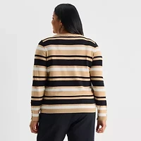 Liz Claiborne Plus Womens Round Neck Long Sleeve Striped Pullover Sweater