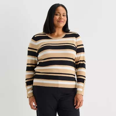 Liz Claiborne Plus Womens Round Neck Long Sleeve Striped Pullover Sweater