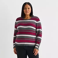Liz Claiborne Plus Womens Crew Neck Long Sleeve Striped Pullover Sweater