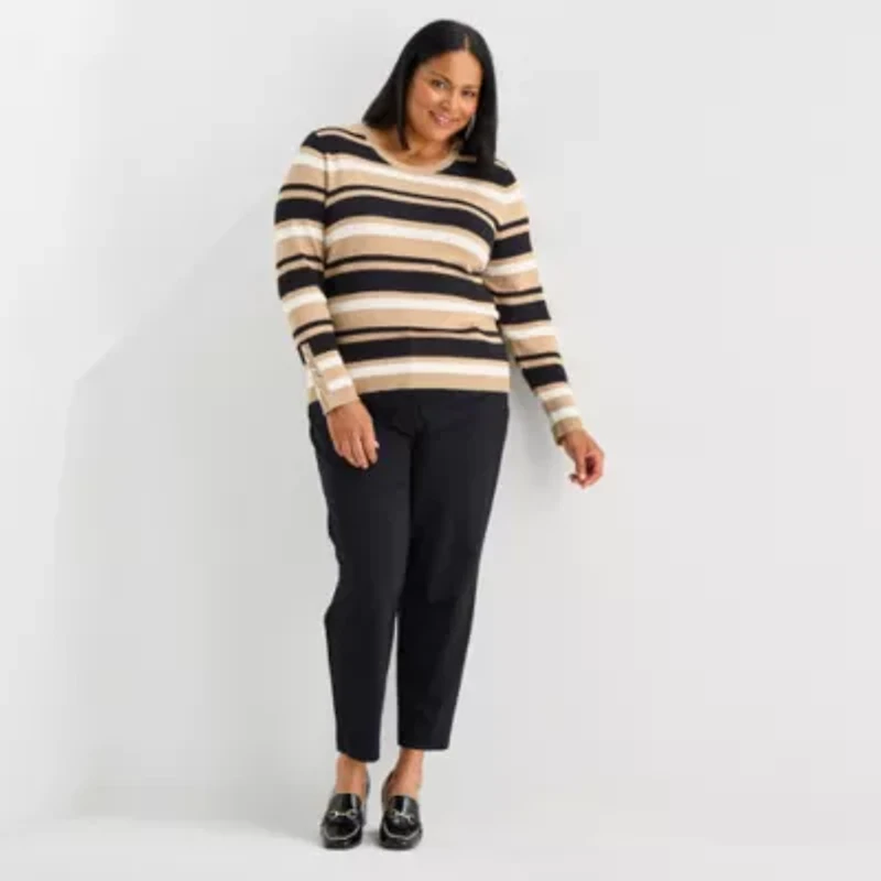 Liz Claiborne Plus Womens Round Neck Long Sleeve Striped Pullover Sweater