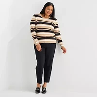 Liz Claiborne Plus Womens Round Neck Long Sleeve Striped Pullover Sweater
