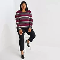 Liz Claiborne Plus Womens Crew Neck Long Sleeve Striped Pullover Sweater