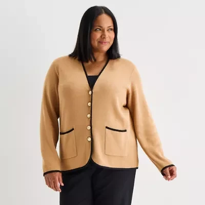 Liz Claiborne Womens V Neck Long Sleeve Button Plus Cardigan
