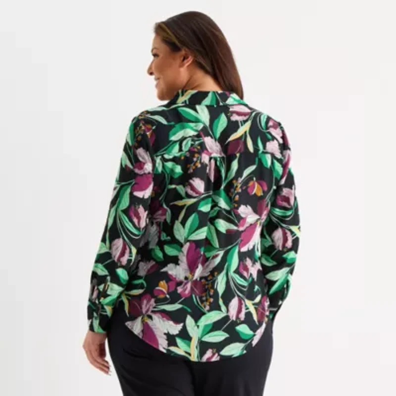 Liz Claiborne Womens Long Sleeve Fitted Regular Fit Plus Button-Down Shirt