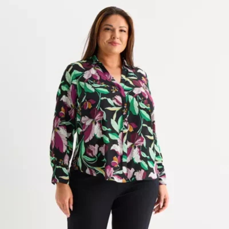 Liz Claiborne Womens Long Sleeve Fitted Regular Fit Plus Button-Down Shirt