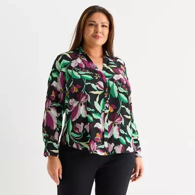 Liz Claiborne Womens Long Sleeve Fitted Regular Fit Plus Button-Down Shirt