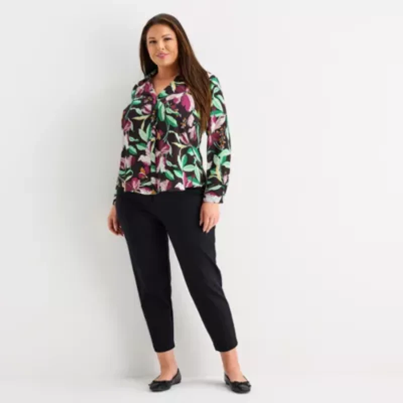 Liz Claiborne Womens Long Sleeve Fitted Regular Fit Plus Button-Down Shirt