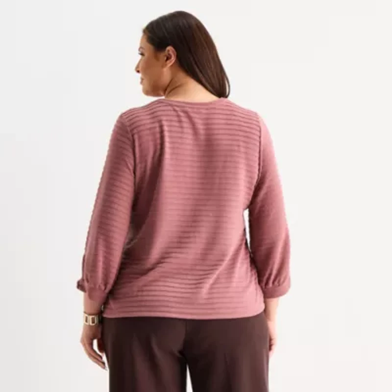 Liz Claiborne Womens Plus Crew Neck 3/4 Sleeve Blouse