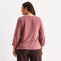 Liz Claiborne Womens Plus Crew Neck 3/4 Sleeve Blouse