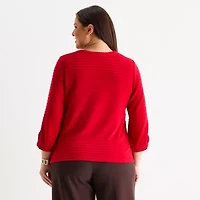 Liz Claiborne Womens Plus Crew Neck 3/4 Sleeve Blouse