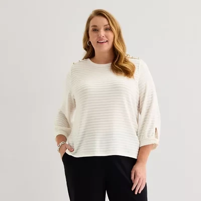 Liz Claiborne Womens Plus Crew Neck 3/4 Sleeve Blouse