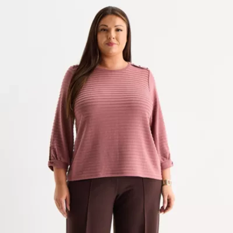 Liz Claiborne Womens Plus Crew Neck 3/4 Sleeve Blouse