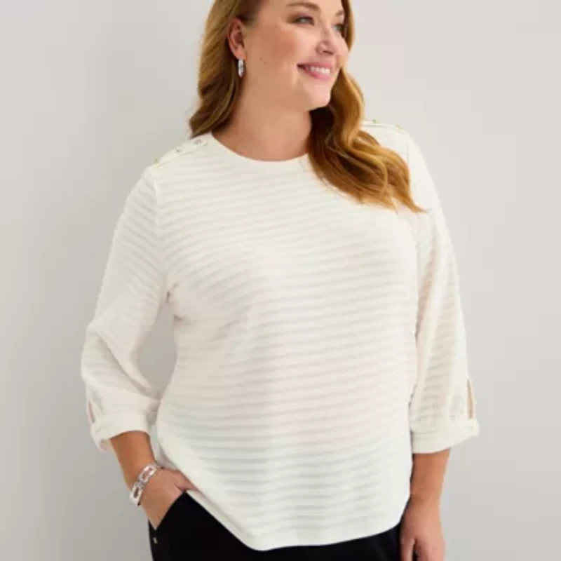 Liz Claiborne Womens Plus Crew Neck 3/4 Sleeve Blouse