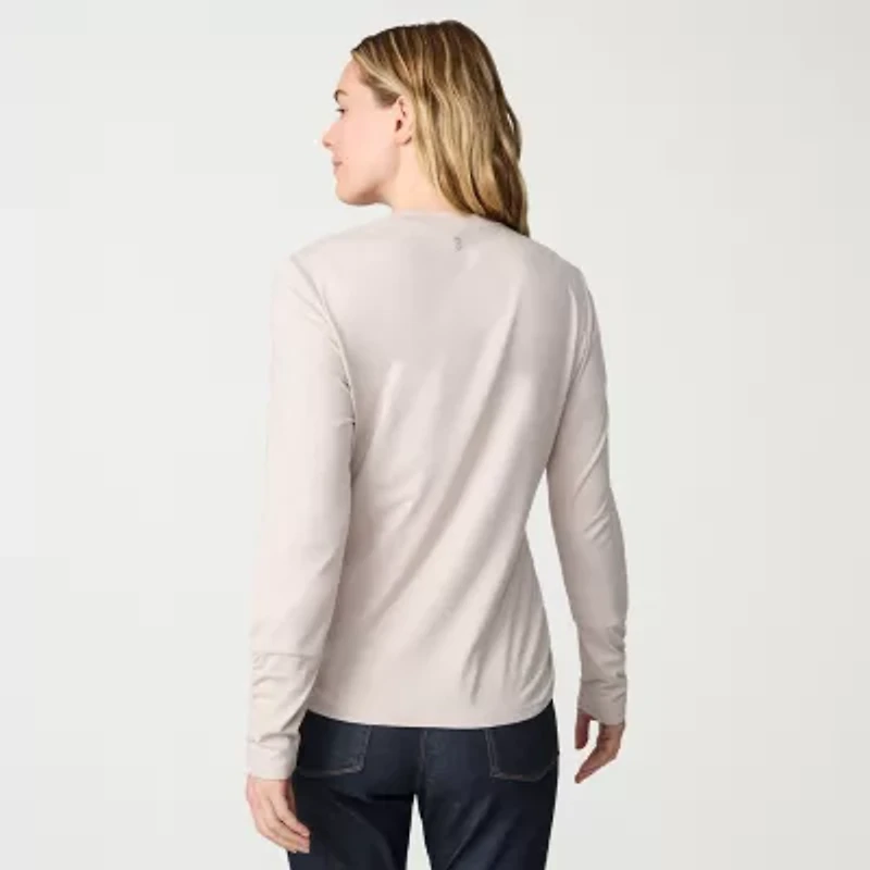 Free Country Womens Easy-on + Easy-off Crew Neck Long Sleeve Stretch Fabric T-Shirt