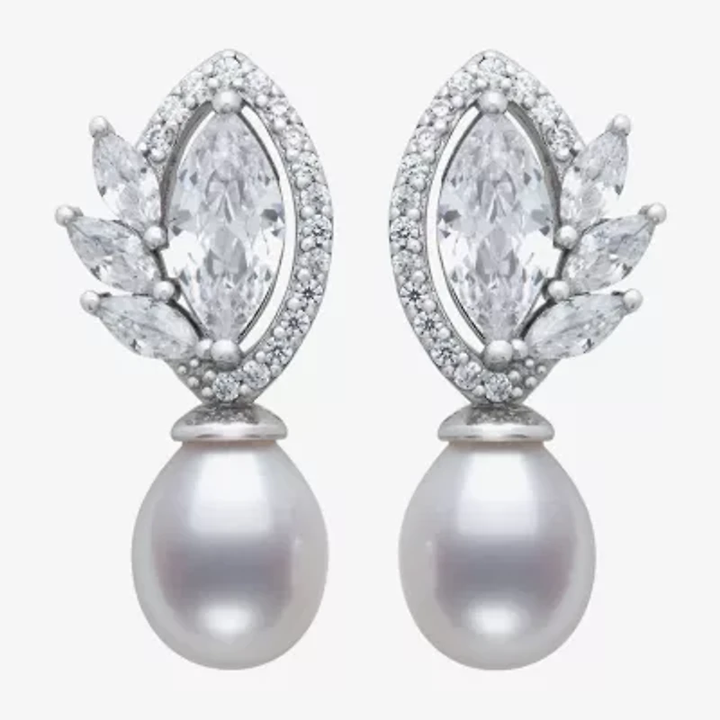 Womens White Cultured Freshwater Pearl Sterling Silver Marquise Drop Earrings
