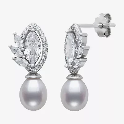 Womens White Cultured Freshwater Pearl Sterling Silver Marquise Drop Earrings